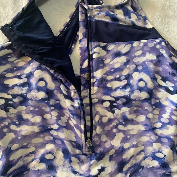Lands' End size large 12 14 Purple blue White One Piece Swim bathing suit zipper - Picture 4 of 7